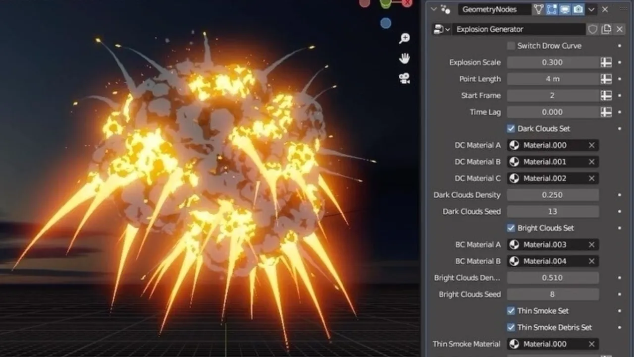 Hiroshi Kanazawa animates 2D-style "anime" explosions made with Blender's Geometry Nodes