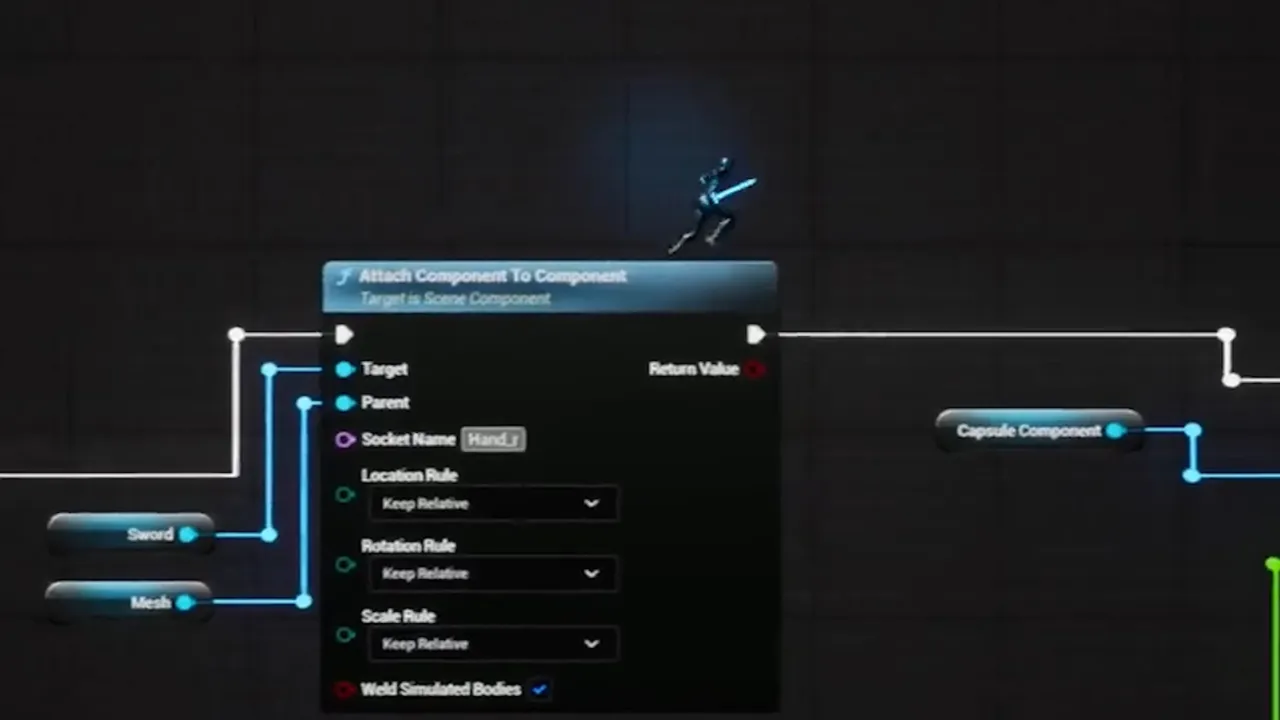 An Unreal Engine level made of functions and nodes, explaining in real time what you do as you play